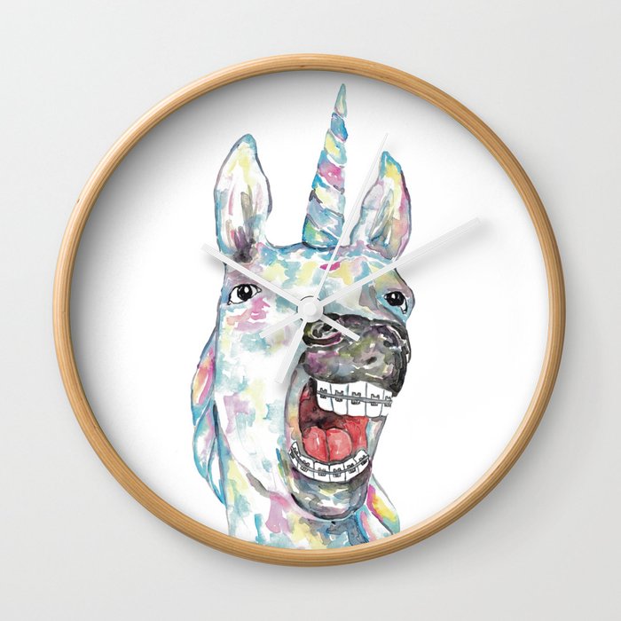 Unicorn braces teeth painting watercolour Wall Clock