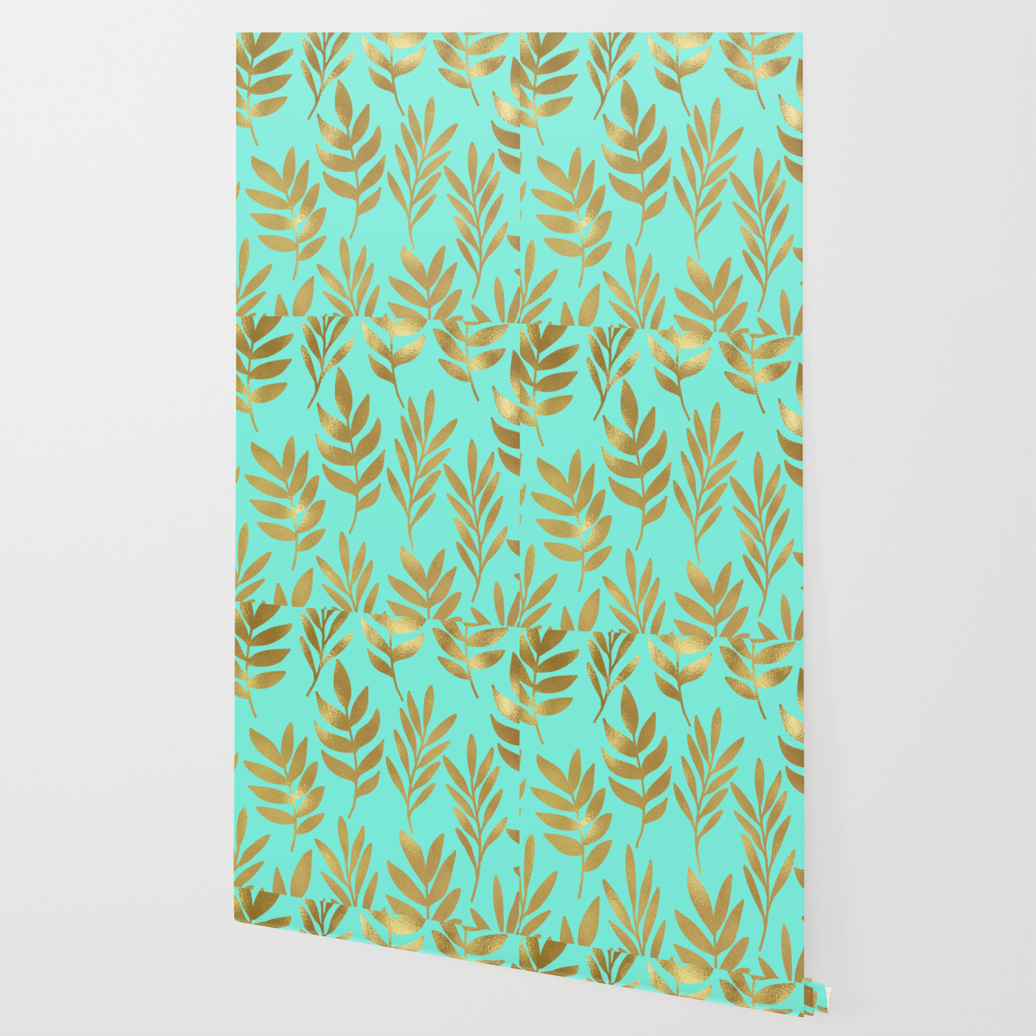 Mint Green And Gold Foil Fern Wallpaper By Peggieprints Society6