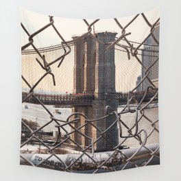 Brooklyn Bridge Through the Fence | Travel Photography and Collage Wall Tapestry