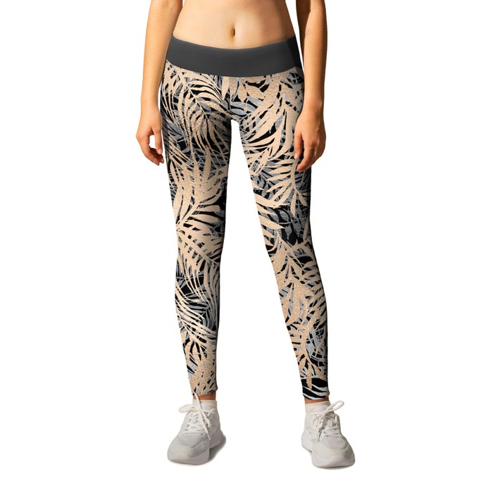 Abstract gold silver tropical leaf pattern Leggings