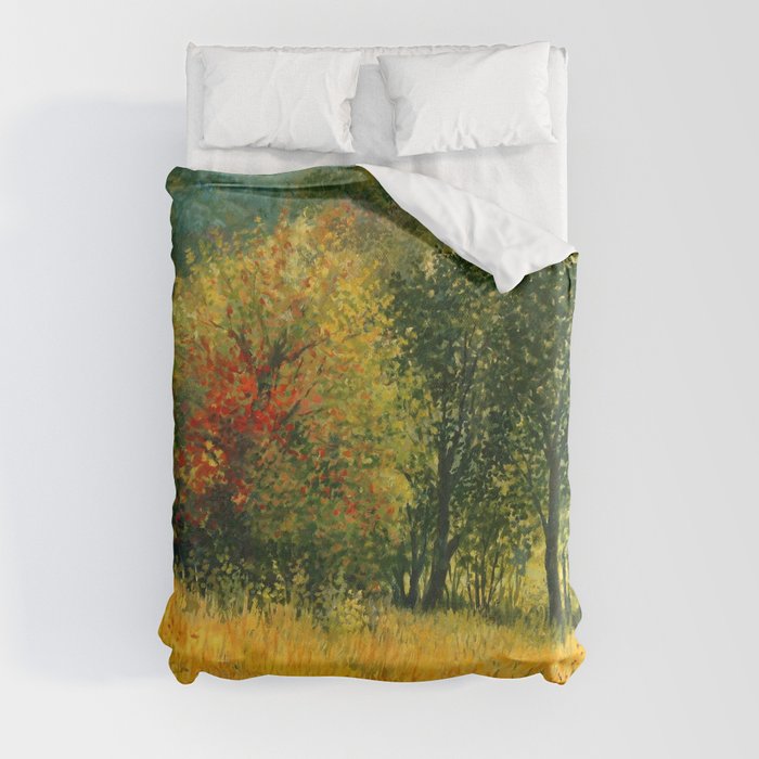 An oil painting on canvas of a seasonal autumn rural landscape with colorful old pear tree, growing alone on a bright sunny meadow near the forest Duvet Cover