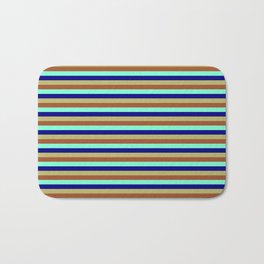 [ Thumbnail: Sienna, Aquamarine, Blue & Dark Khaki Colored Pattern of Stripes Bath Mat ]