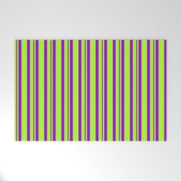 [ Thumbnail: Light Green and Dark Violet Colored Lines/Stripes Pattern Welcome Mat ]