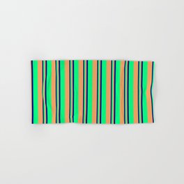 [ Thumbnail: Blue, Green & Brown Colored Lines/Stripes Pattern Hand & Bath Towel ]