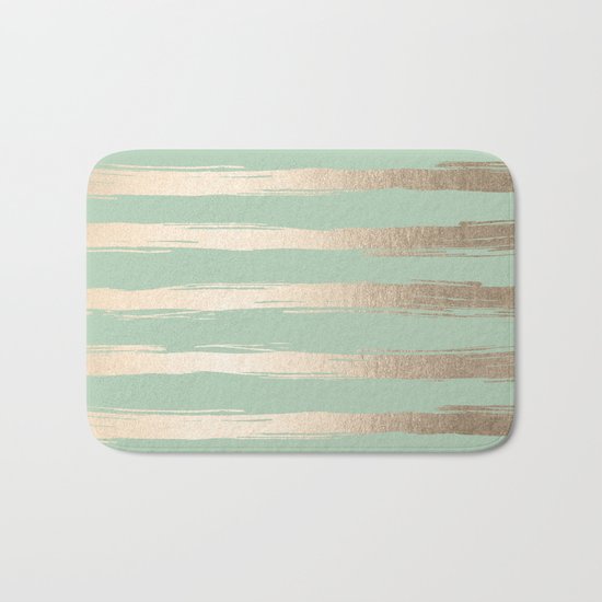 Simply Brushed Stripes White Gold Sands on Pastel Cactus Green Bath Mat