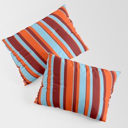 [ Thumbnail: Sky Blue, Red, and Maroon Colored Pattern of Stripes Pillow Sham ]