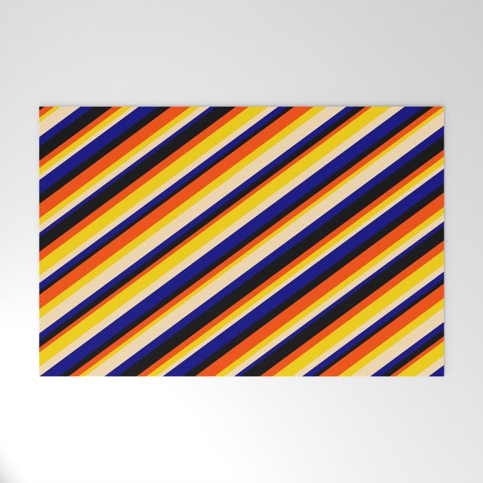 Eye-catching Red, Yellow, Beige, Blue & Black Colored Striped Pattern Welcome Mat