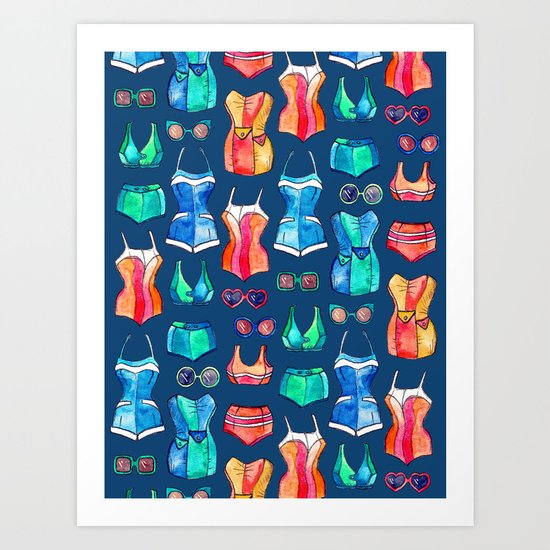 Sixties Swimsuits and Sunnies on dark blue Art Print