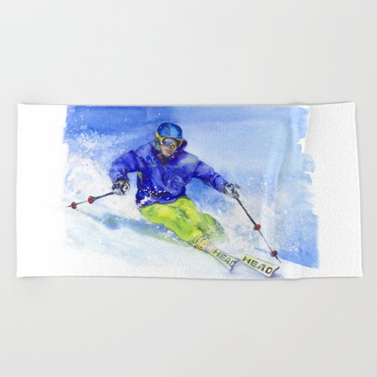 Watercolor skier, skiing illustration Beach Towel