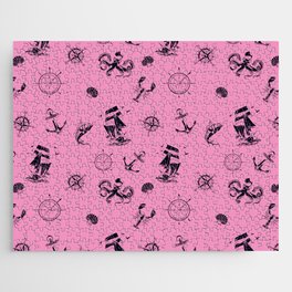 Pink And Blue Silhouettes Of Vintage Nautical Pattern Jigsaw Puzzle