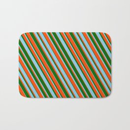 [ Thumbnail: Dark Green, Sky Blue, and Red Colored Striped Pattern Bath Mat ]