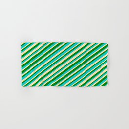 [ Thumbnail: Dark Turquoise, Beige, and Green Colored Striped/Lined Pattern Hand & Bath Towel ]