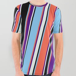 [ Thumbnail: Eyecatching Red, Indigo, Mint Cream, Black, and Light Sky Blue Colored Pattern of Stripes All Over Graphic Tee ]