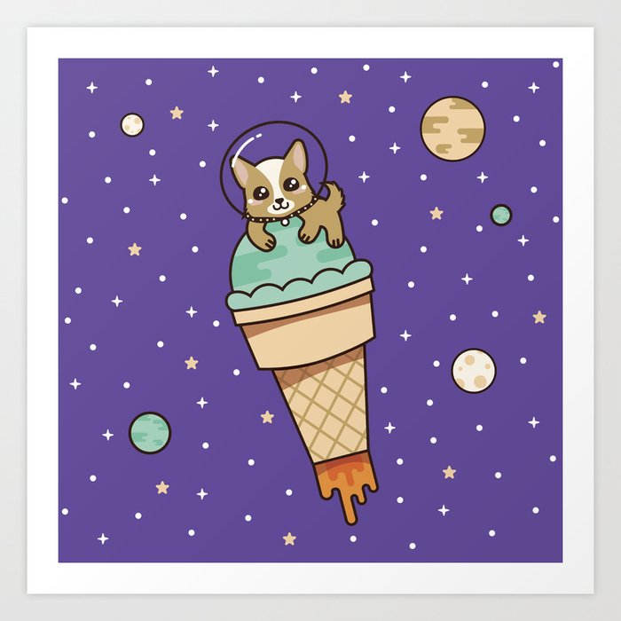 Kawaii Corgi Dog On An Ice Cream Rocket In Space Art Print By