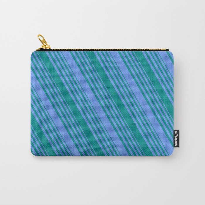 Cornflower Blue and Dark Cyan Colored Striped/Lined Pattern Carry-All Pouch