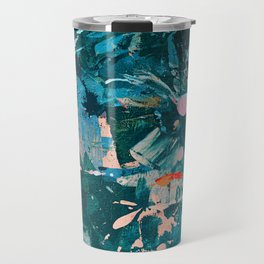 A Cause for Celebration: a colorful abstract design in blue, tan, and neon green by Alyssa Hamilton Art Travel Mug