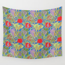 Seven Species Botanical Fruit and Grain with Blue Background Wall Tapestry