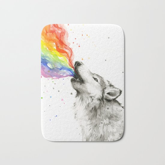 Wolf Rainbow Watercolor Howling Animal Whimsical Animals Bath Mat