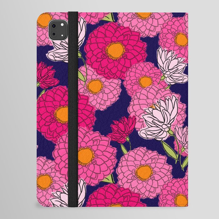 Retro Mid-Century Modern Mums Floral Pattern Indigo iPad Folio Case