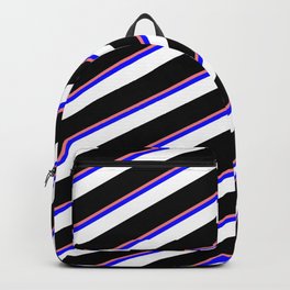 [ Thumbnail: Light Coral, Blue, White & Black Colored Striped Pattern Backpack ]