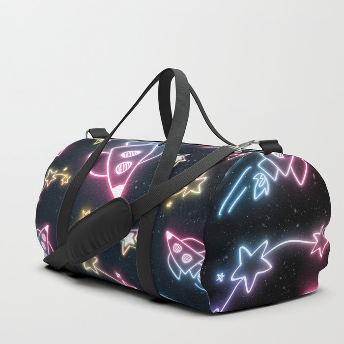 Neon Star and Spaceship Doodle Duffle Bag