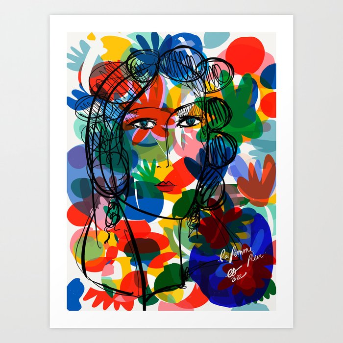La femme aux fleurs portrait pop abstract by Emmanuel Signorino Art Print