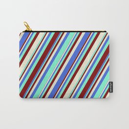 [ Thumbnail: Royal Blue, Aquamarine, Maroon & Beige Colored Striped Pattern Carry-All Pouch ]