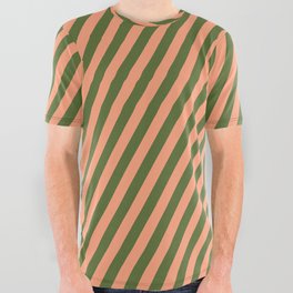 [ Thumbnail: Light Salmon & Dark Olive Green Colored Lined Pattern All Over Graphic Tee ]
