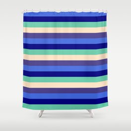 [ Thumbnail: Blue, Aquamarine, Bisque, Dark Slate Blue & Royal Blue Colored Pattern of Stripes Shower Curtain ]