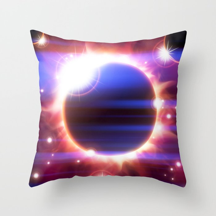 An outer space background with an eclipse, planets and stars.  Throw Pillow