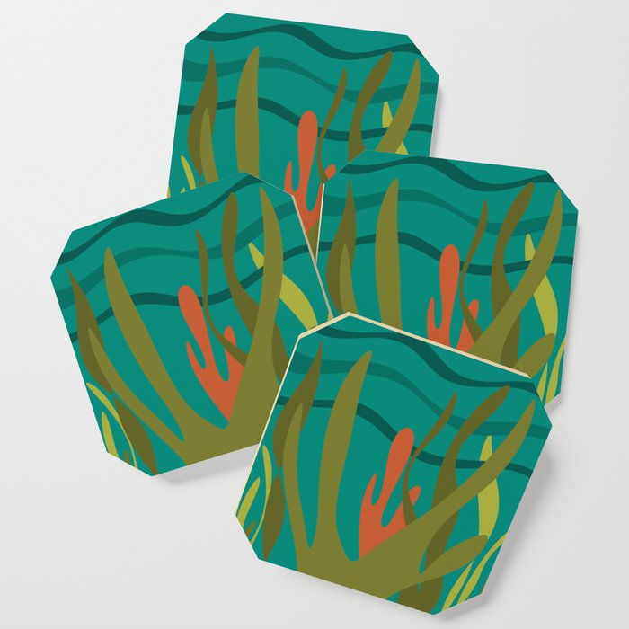 Oceanscape Teal - Undersea Ocean Abstract in Mid Century Modern Colors  Coaster