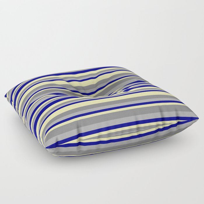 Dark Gray, Blue, Pale Goldenrod, and Gray Colored Striped Pattern Floor Pillow