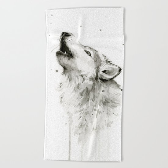 Wolf Howling Watercolor Animals Wildlife Painting Animal Portrait Beach Towel