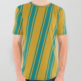 [ Thumbnail: Goldenrod & Dark Cyan Colored Lines Pattern All Over Graphic Tee ]