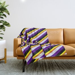 [ Thumbnail: Yellow, Chocolate, Lavender, Indigo, and Black Colored Lined Pattern Throw Blanket ]