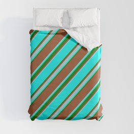 [ Thumbnail: Sienna, Powder Blue, Aqua & Green Colored Stripes Pattern Duvet Cover ]