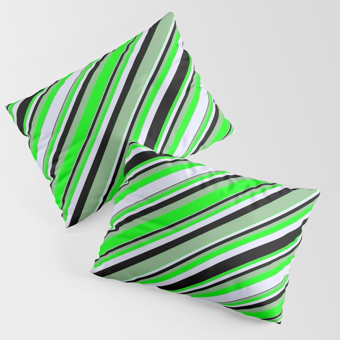 Dark Sea Green, Lime, Lavender, and Black Colored Lines/Stripes Pattern Pillow Sham