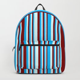 [ Thumbnail: Deep Sky Blue, Dark Red & Light Cyan Colored Pattern of Stripes Backpack ]