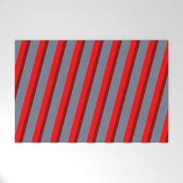 [ Thumbnail: Red, Dark Red & Slate Gray Colored Lines/Stripes Pattern Welcome Mat ]