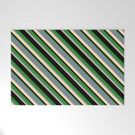 [ Thumbnail: Light Slate Gray, Beige, Black, and Forest Green Colored Lined Pattern Welcome Mat ]