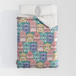 Colourful Portuguese houses // peacock teal background rob roy yellow mandy red electric blue and peacock teal Costa Nova inspired houses Duvet Cover