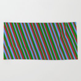 [ Thumbnail: Cornflower Blue, Green & Red Colored Stripes Pattern Beach Towel ]