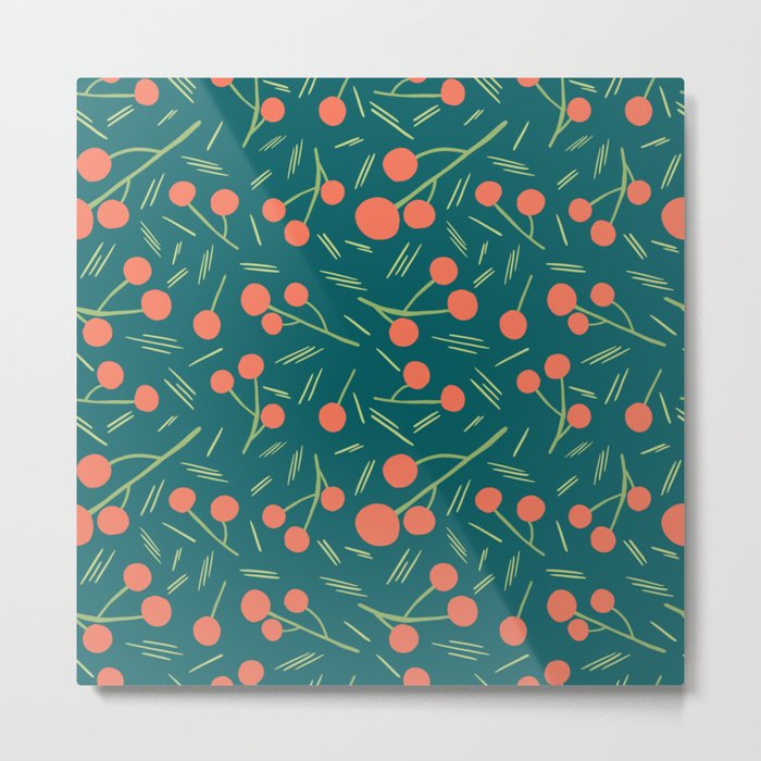 Orange Berry Garden - Orange, green Metal Print