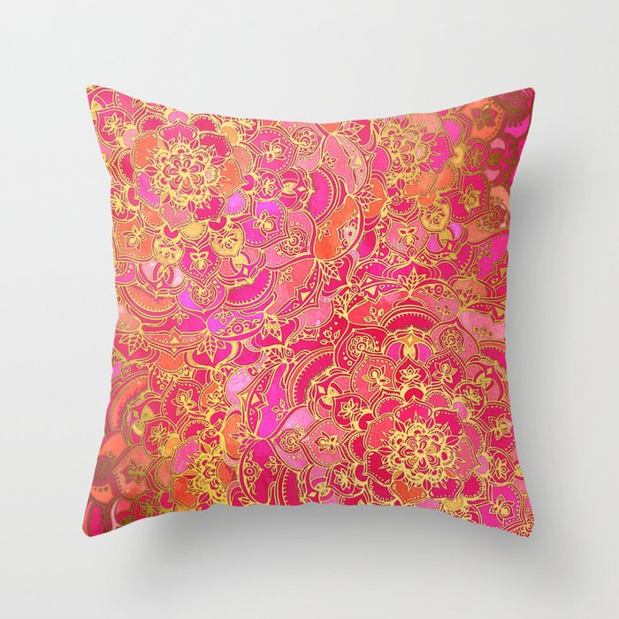 Hot Pink and Gold Baroque Floral Pattern Throw Pillow