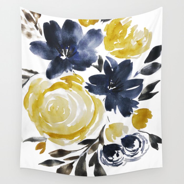 Navy and Yellow Loose Watercolor Floral Bouquet Wall Tapestry