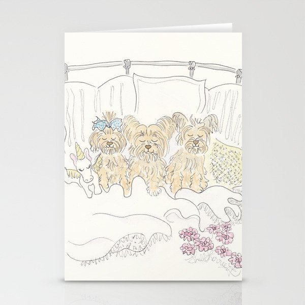 Sweet Yorkie Dogs Cuddle in Bed  Stationery Cards