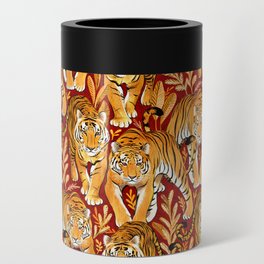 The Hunt - Golden Orange Tigers on Crimson Red Can Cooler