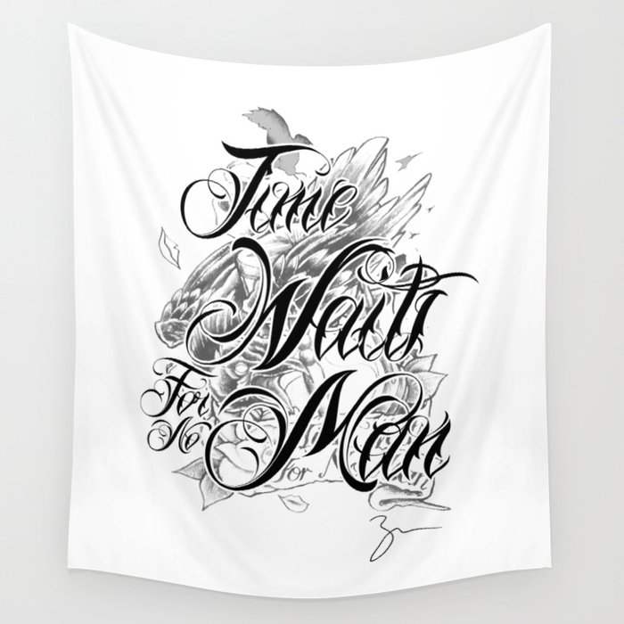 Chicano Lettering Time Waits For No Man Wall Tapestry