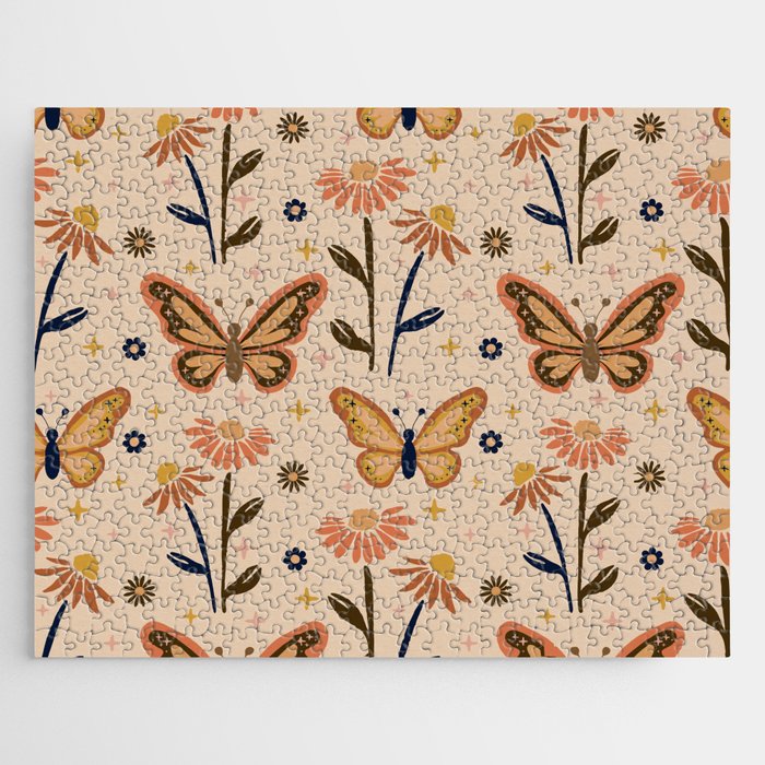 Retro Butterflies pattern - Daisy field Jigsaw Puzzle
