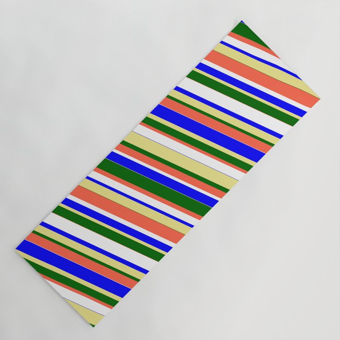 Vibrant Blue, Tan, Dark Green, Red, and White Colored Stripes/Lines Pattern Yoga Mat